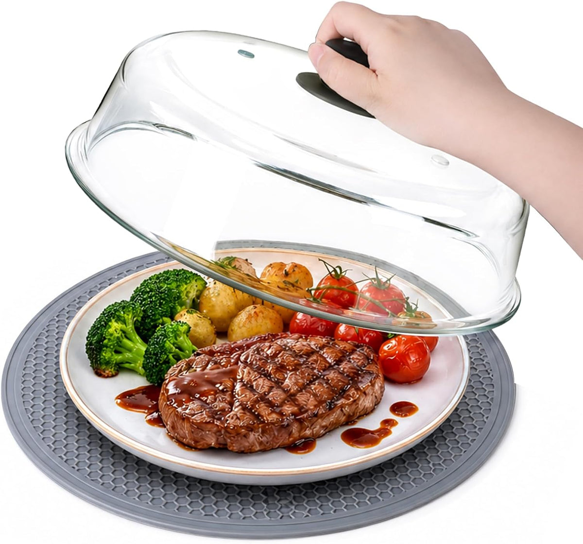2-In-1 Glass Microwave Cover & Silicone Mat for Food, 10 Inch Borosilicate Microwave Splatter Cover with Silicone Handle & Dual Vents - BPA Free, Heat Resistant, Dishwasher Safe Splatter Guard