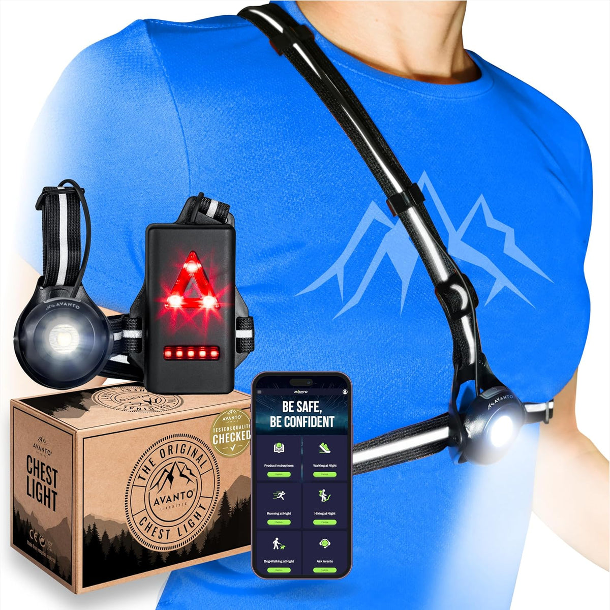 AVANTO PRO Chest Light, Original, USB-C Rechargeable, Running Lights for Runners, 500Lm Adjustable Beam, 3-5H Use Time, Running Headlamp Flashlights, Walking Lights for Night Walking, Black