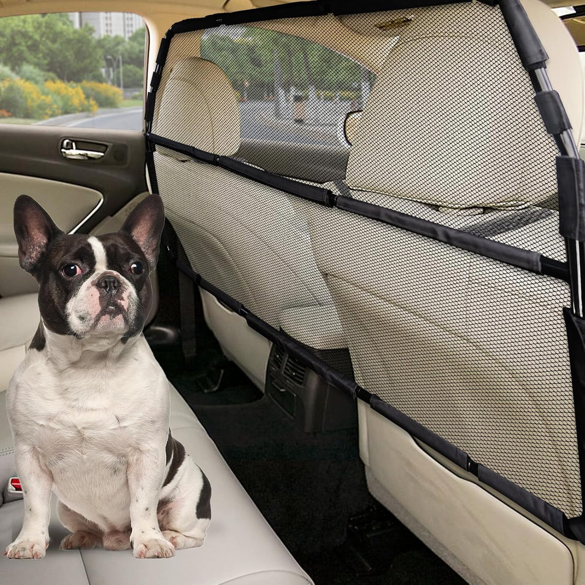 Dog Car Barrier Escape-Proof, 50" Wide Car Divider for 2Nd 3Rd Row Seats & Cargo Area, Durable Back Seat Car Gate Trunk Barrier with See through Net Mesh for Small Trucks & SUV & Mid-Sized Vehicle
