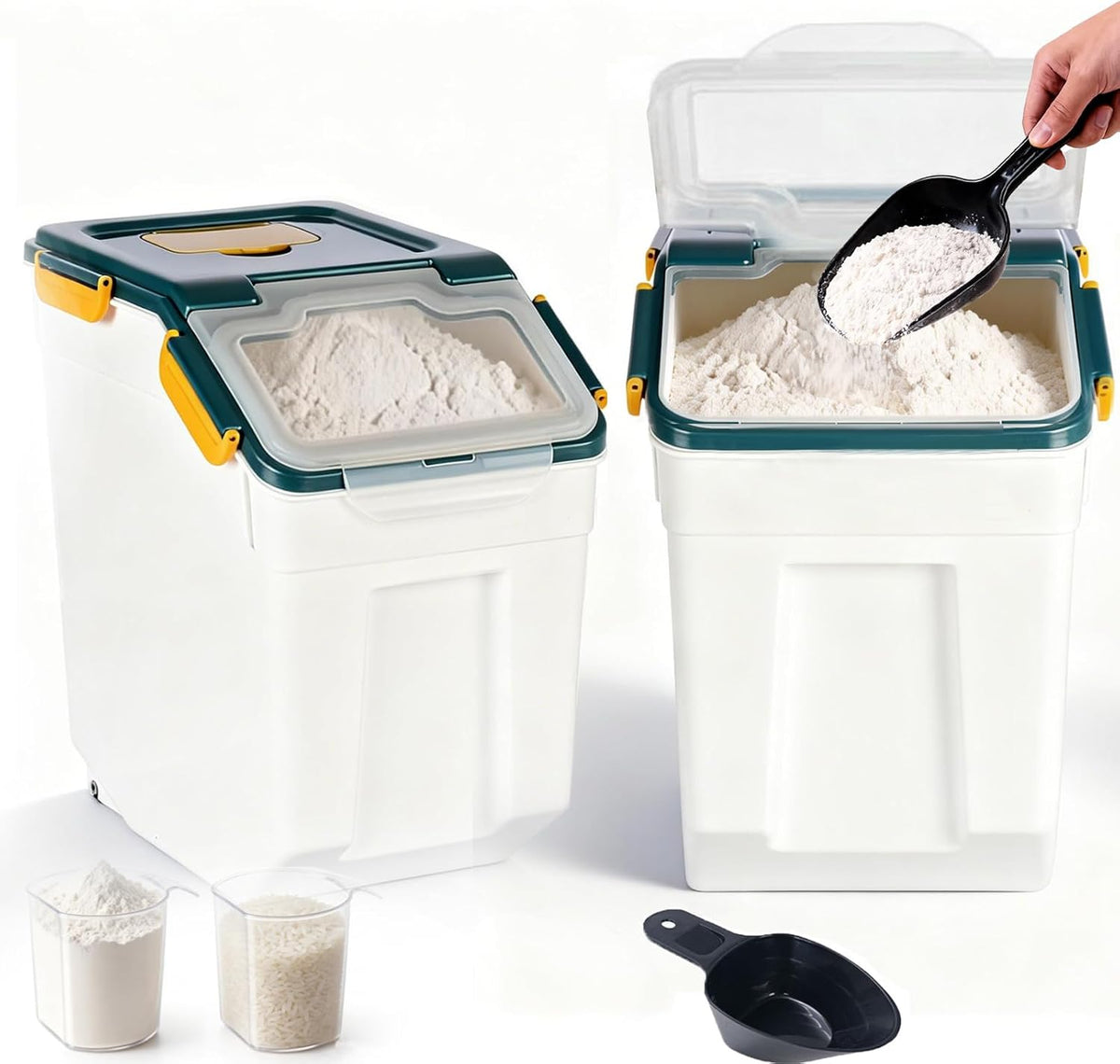 RUIAN Flour Storage Container 25 Lb, 2 Pack Airtight Food Storage Bin with Wheels & Locking Lid,Bpa Free, Includes Measuring Cup & Scoop, for Flour Rice Grain Cereal, Blue