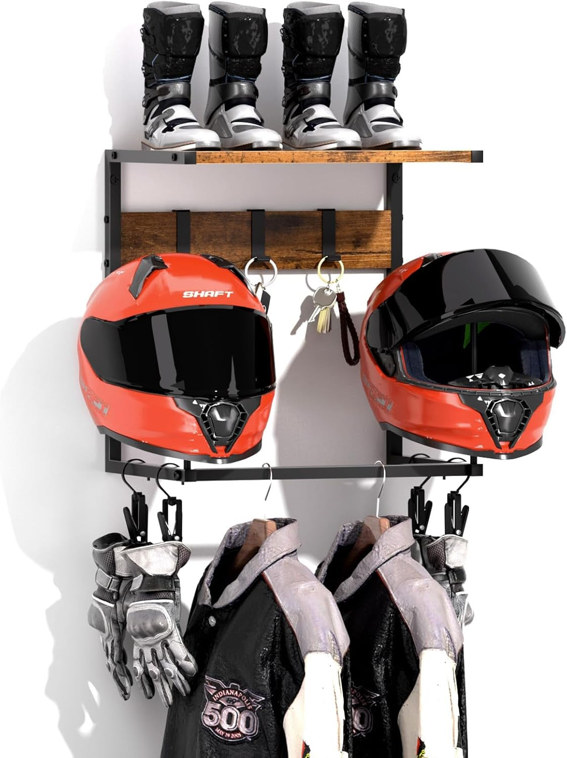 Urban Deco Motorcycle Helmet Holder Wall Mount Rack with 2 Hat Stands