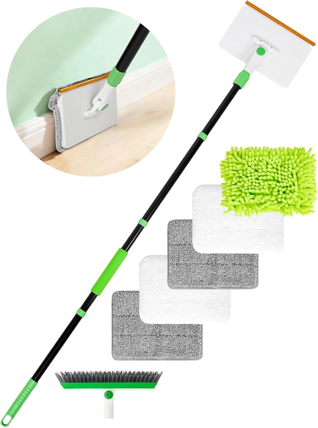 4-In-1 Baseboard Cleaning Tool with Handle 5 Reusable Pads 1 Stiff Bristle Brush Carpet Rake for Pet Hair Removal Baseboard Cleaner Carpet Windows Wall Floor Bathroom Kitchen