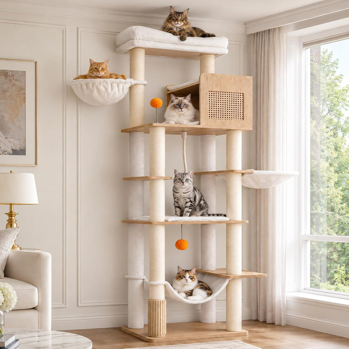 Hey-Brother Wooden Cat Tree Tower with Rattan Condo, Big Platform, MPJ122BT