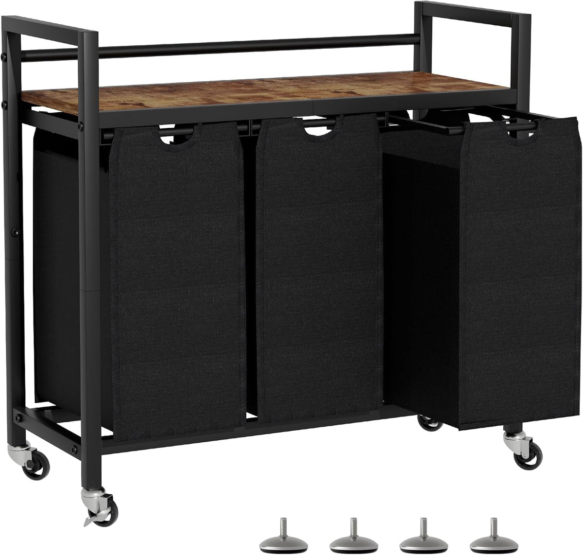 Swaavee Laundry Sorter, Laundry Hamper 3 Section, 3×11.4Gal, Metal Frame Rolling Laundry Basket with Wooden Top Shelf, Pull Out and Removable Laundry Bags, 3 Bags-Black