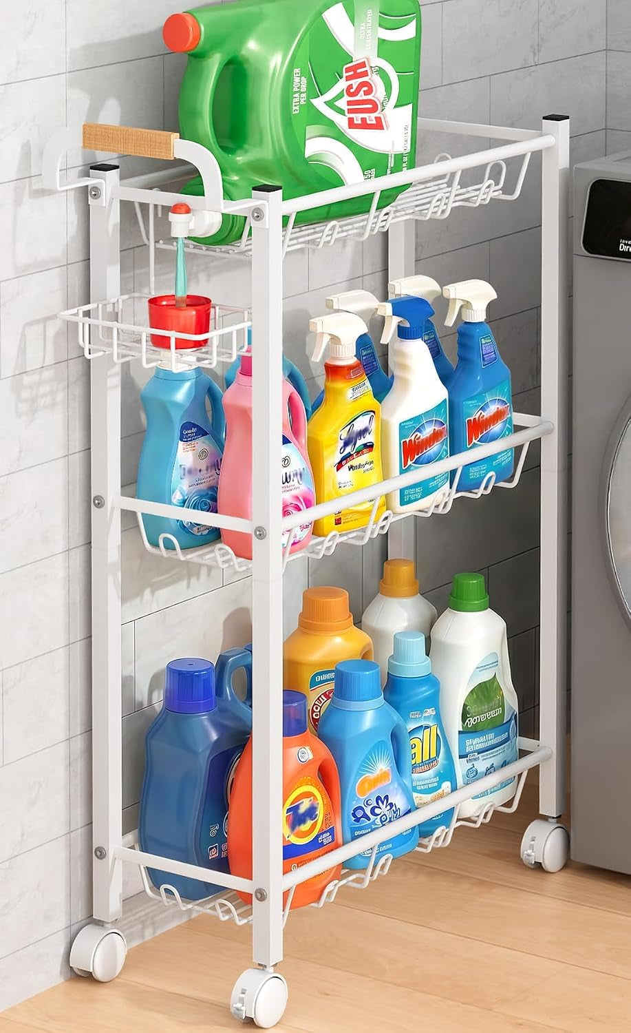 AOODA Laundry Room Cart with Top Detergent Holder, Metal Rolling Storage Cart between Washer and Dryer, 3 Tier Narrow Laundry Room Organization and Storage with Wheels (White)