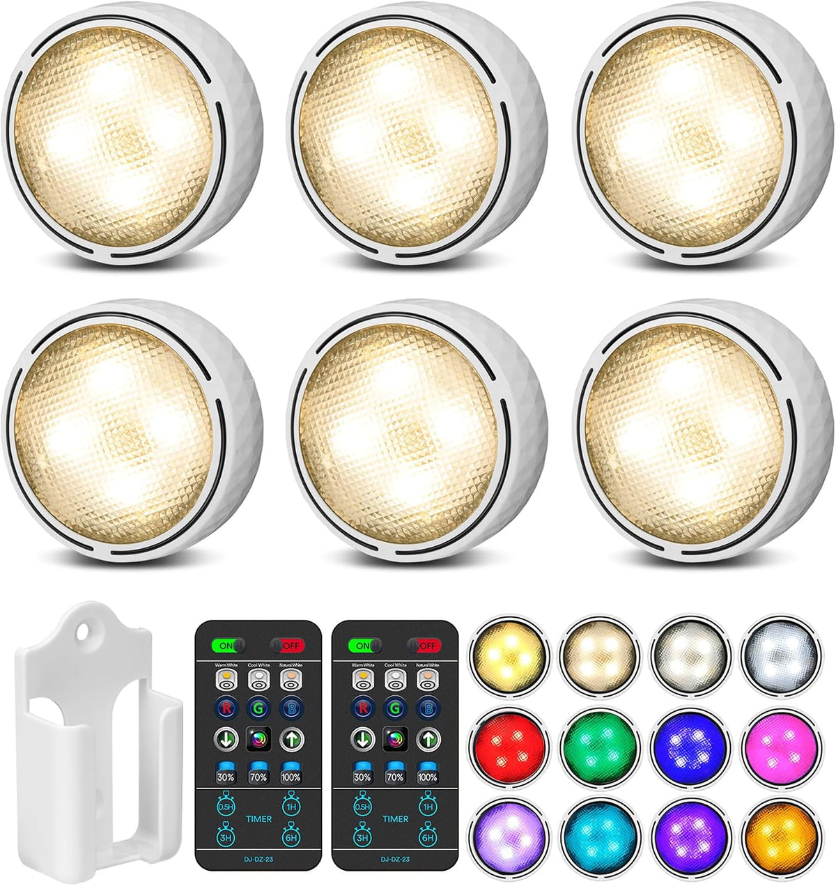 TECOMLIGHT Puck Lights with Remote, 3 White Tones & 13 Colors, White-6 Pack