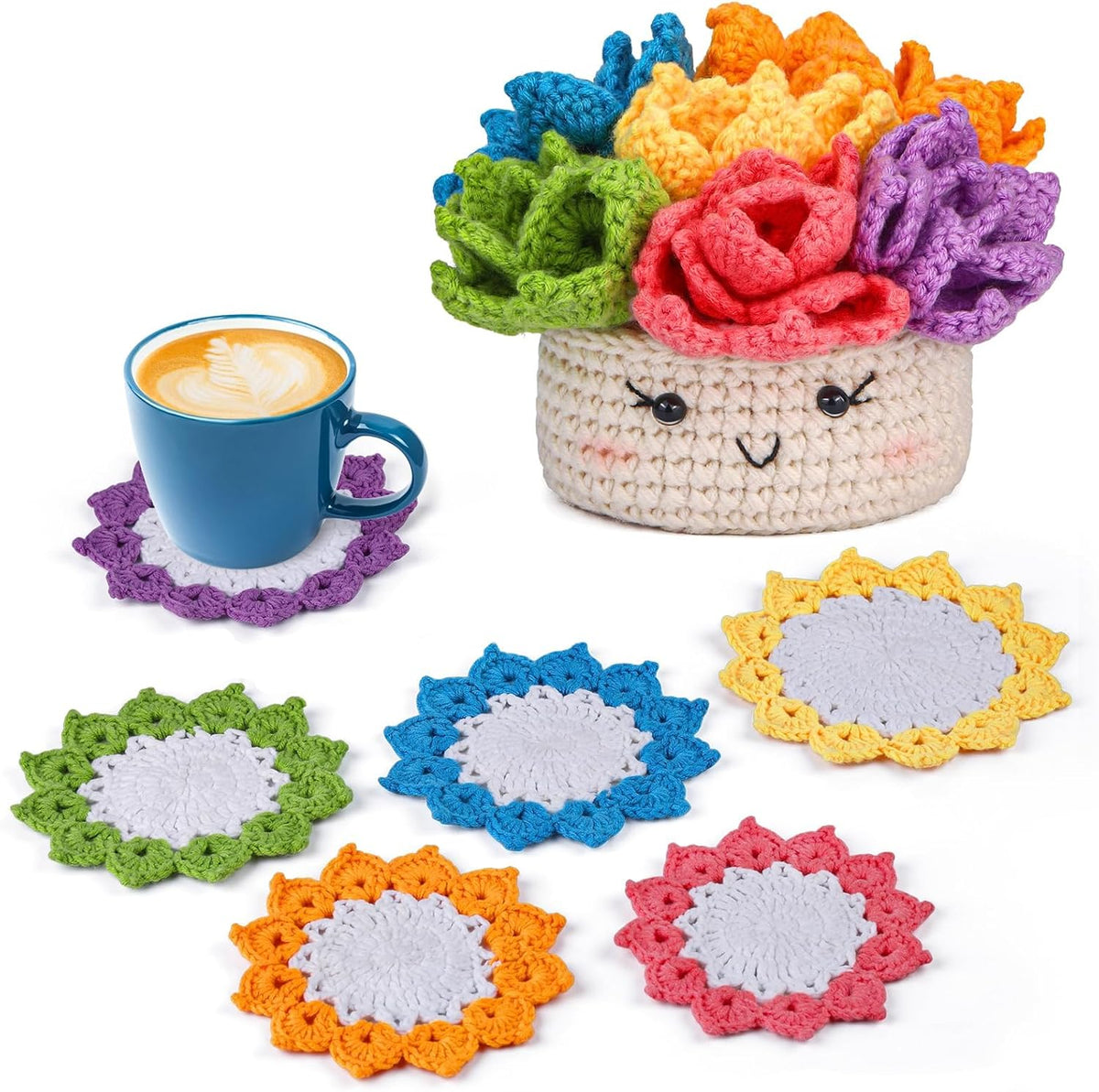 Hssugi Crochet Kit for Beginners 6PCS Potted Plant Coasters Crochet Kit