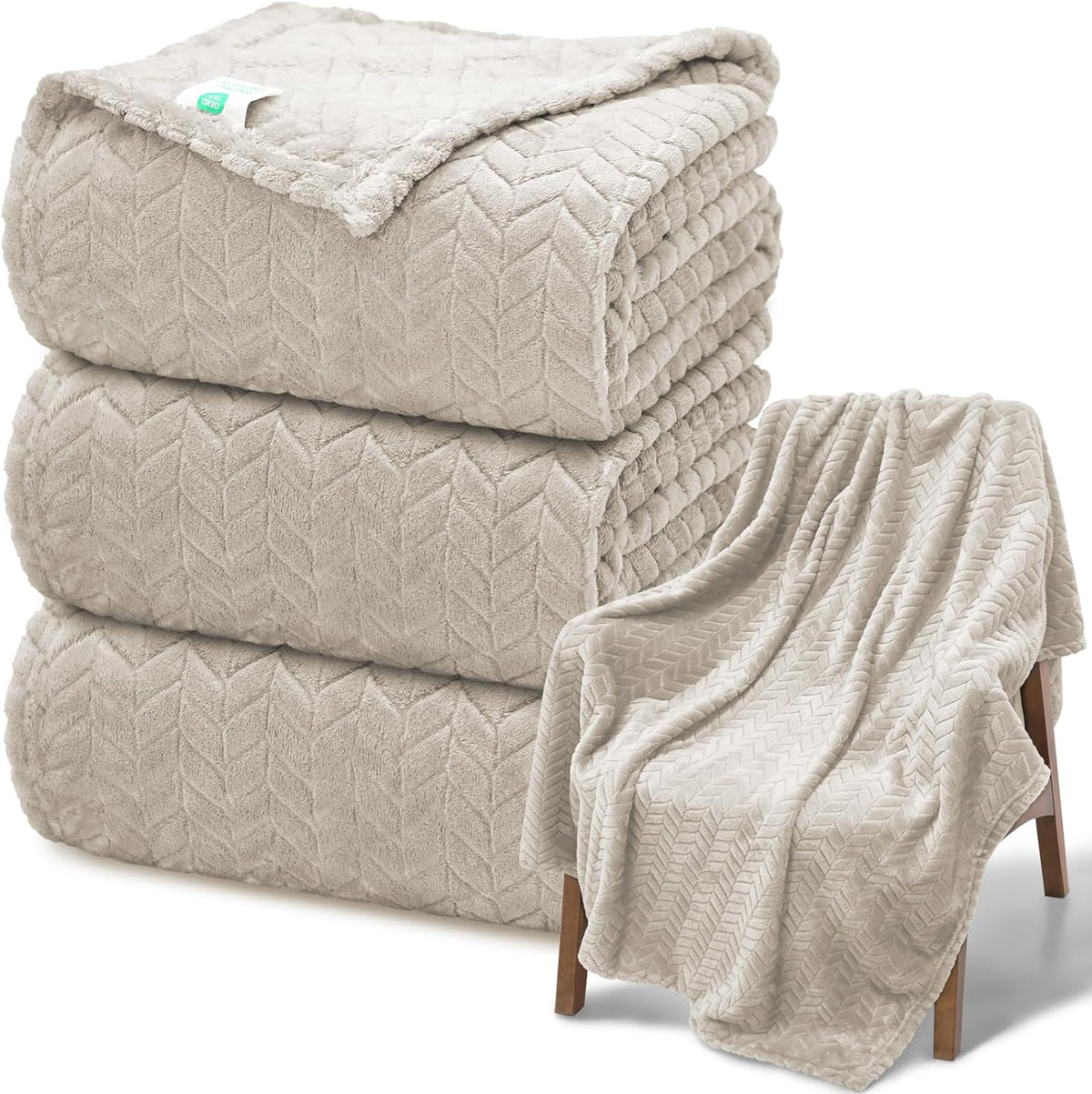 3 PC Flannel Fleecethrow Blanket, 50"X60" | 300GSM Soft Blankets for Couch Bed, No Shedding No Pilling Wedding Decorative Throw, Machine Washable (Beige)