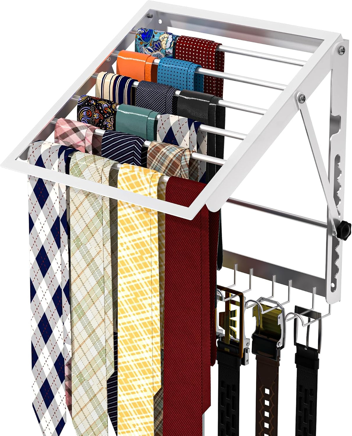 Tie Rack and Scarf Organizer, Battery-Free Design, Holds 60 Ties and Scarves with 5 Belt Hooks, Wall Mounted Tie Organizer, for Men & Women, White
