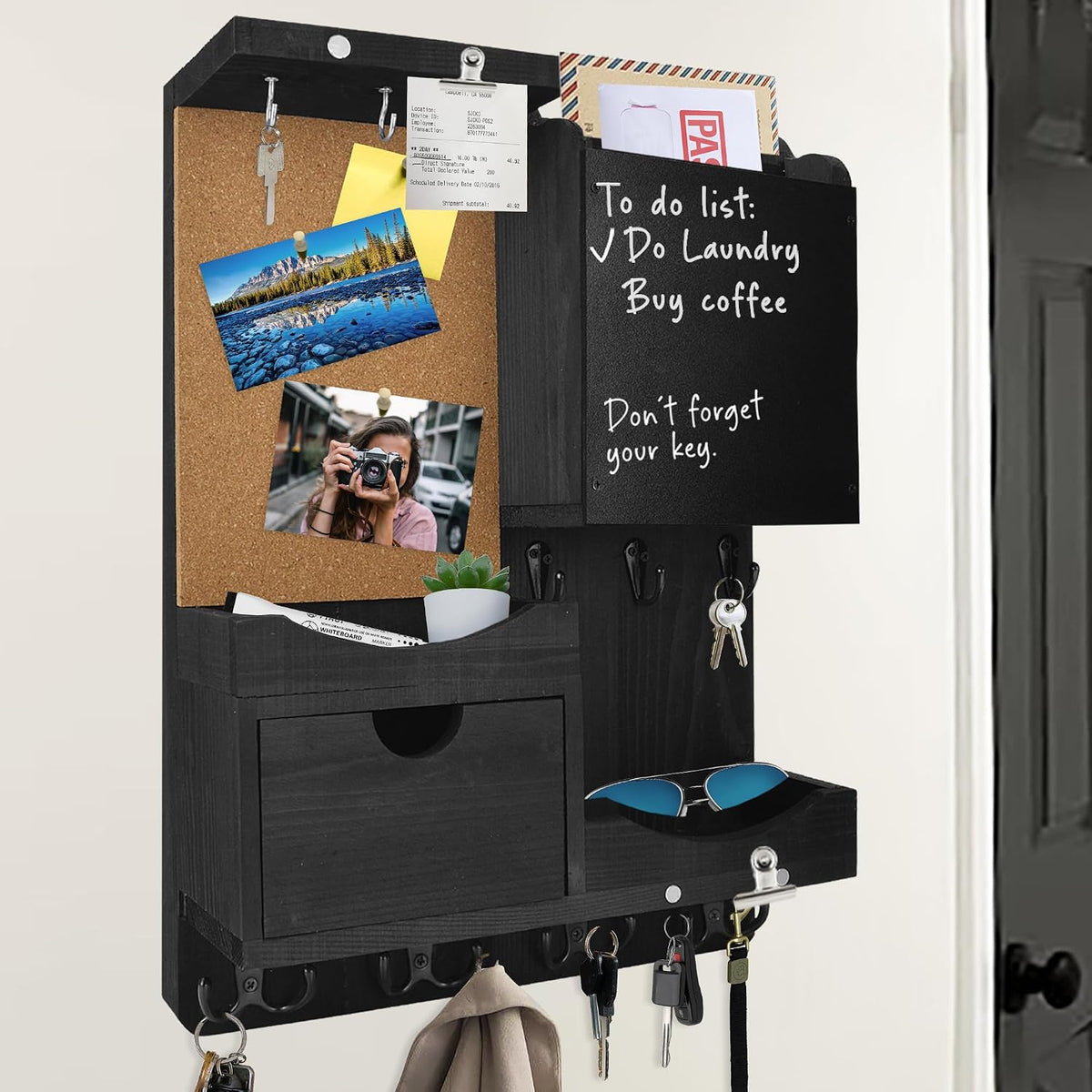 Key Holder Wall Mount with Drawer and Mail Organizer, Black