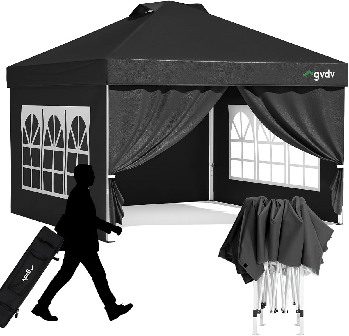 GVDV 10X10 Pop up Tent with 4 Sidewalls, One Push Canopy, CP23B, Black