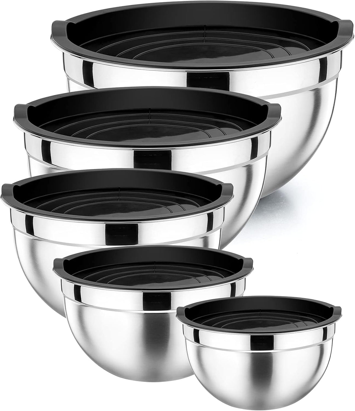 P&P CHEF Metal Mixing Bowls with Lids Set, Airtight Lids & Black