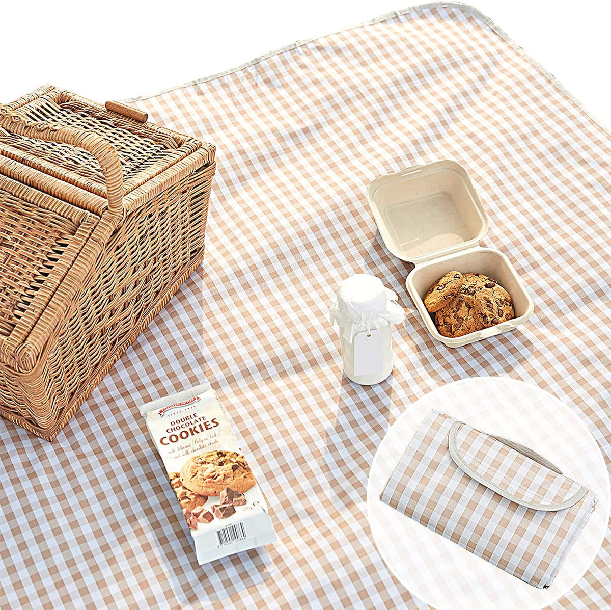 Cute Gingham Picnic Blanket, Waterproof Foldable, in Large 80X60In and Extra Large 80X80In, Portable Compact Beach Blanket, Oversized XL Outdoor Mat (Tan, X-Large)