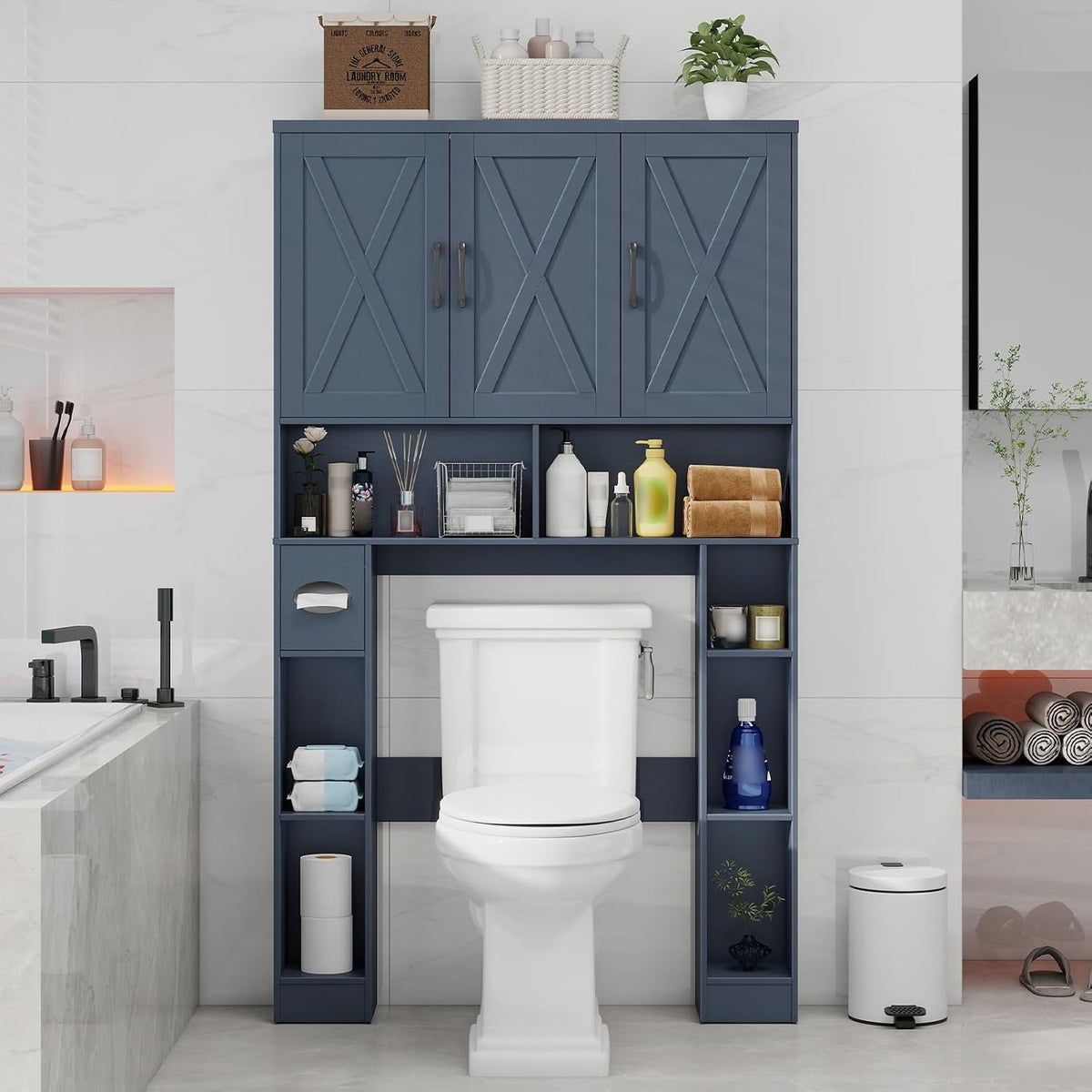 Vabches over the Toilet Storage Cabinet with 3 Barn Doors.Blue