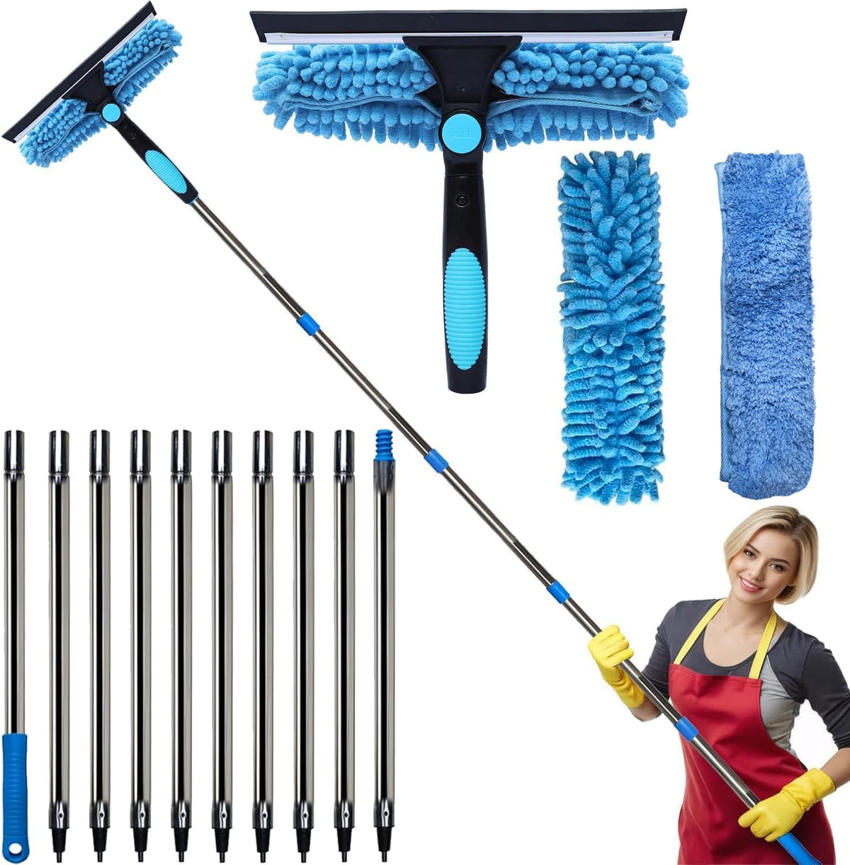 20+ Feet Reach Blue 2 in 1 Window Washing Squeegee & Duster with 3-14 Ft Spliceable Extension Pole // Window Cleaning Tool & Window Washer Squeegee for Home Indoor Outdoor Window Washing