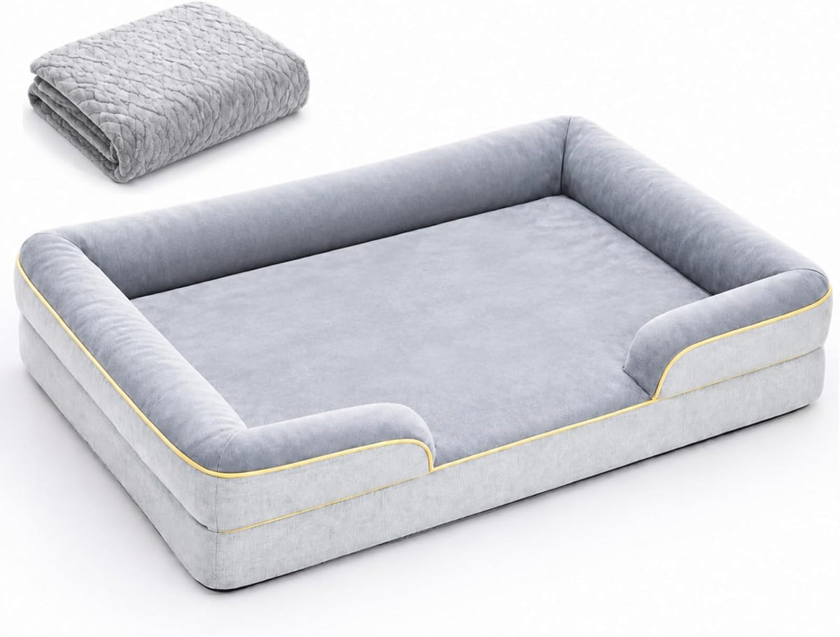 Junkin Orthopedic Dog Cat Bed with Blanket Set 35.4 X 25.2 Inch Waterproof Memory Foam Pet Bed with Sides Washable Comfort Dogs Couch Sofa Washable Removable Cover with Nonslip Bottom