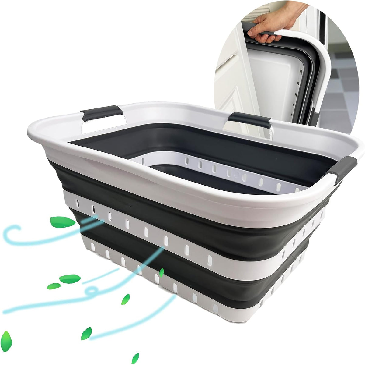 SAMMART Collapsible Plastic Rectangular Laundry Basket - Foldable Pop up Storage Container/Organizer - Portable Laundry Hamper - Space Saving (White/Steel Grey, 42L)