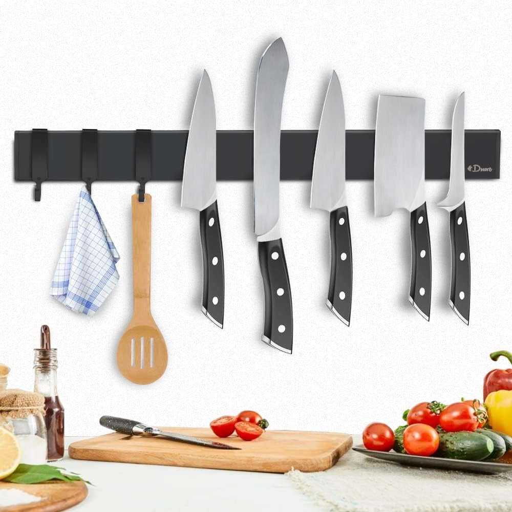Dmore Magnetic Knife Holder for Wall—With 3 Hooks, No Drilling, 16 Inch