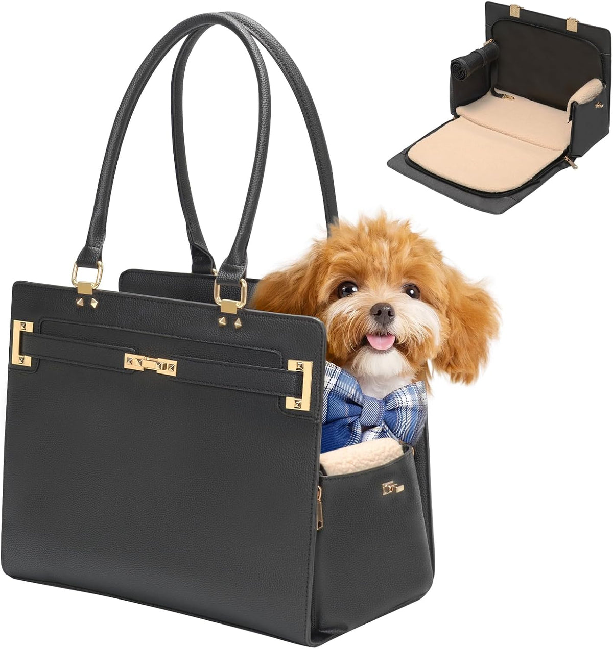 2-In-1 Stylish Dog Purse Carrier Soft-Sided Carriers Travel Tote Bag for Small Dogs Cats, Fashion Foldable Pet Bag for Puppies Small Animals with Pockets (Black, 15" L X 7.5" W X 12.2" H)