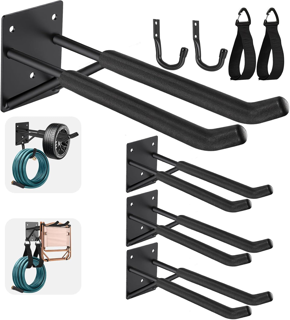 14" Garage Hooks Heavy Duty 4-Pack - Garage Storage System Hooks, Ladder Hooks for Garage Wall & Broom Holder Wall Mount | Non-Slip Tire Rack & Heavy Duty Wall Hooks for Hanging Ladders, Chairs.