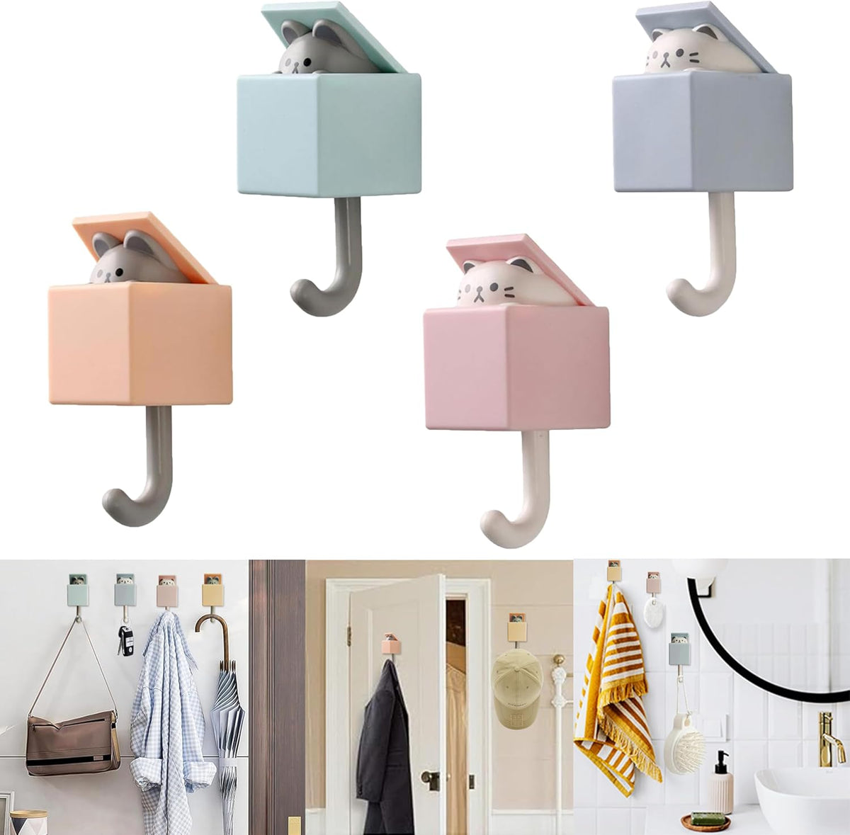 4Pack Cute Adhesive Decorative Wall Hooks for Coat & Towel,Key,Bag