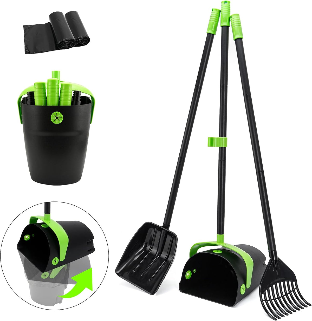 Pooper Scooper Swivel Bin & Rake & Spade Kit with Waste Bags, Max 50" Long Handle Adjustable Portable Non-Breakable for Large Medium Small Dogs, Dry and Wet Poop,Lawn Yard Dog Kennel