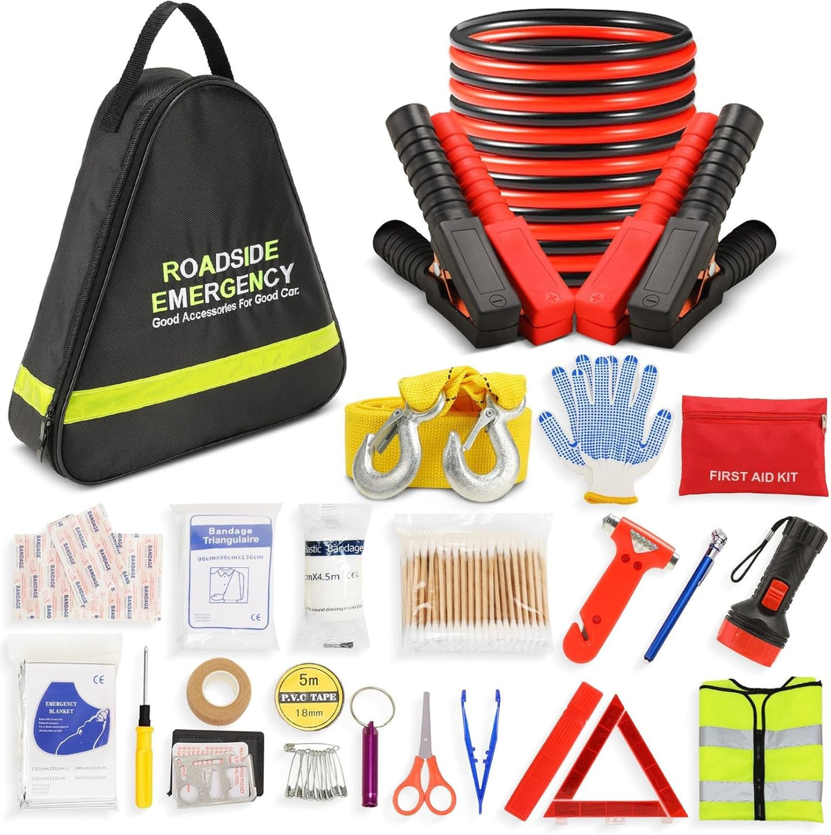Car Emergency Kit with Jumper Cables, Roadside Safety Tool Kit Black