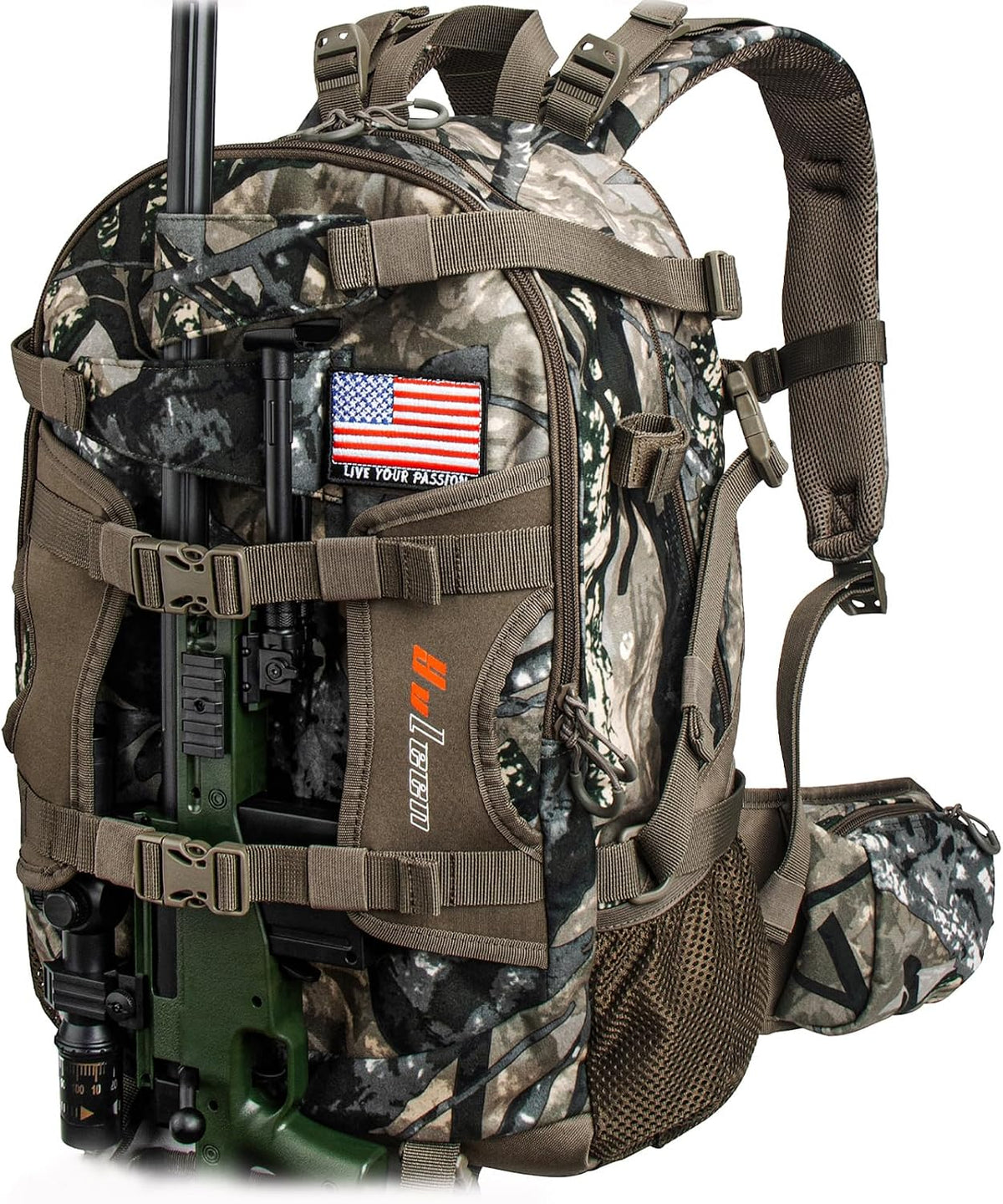 YVLEEN Hunting Backpack, Waterproof Camo Day Pack with Rifle & Bow Holder