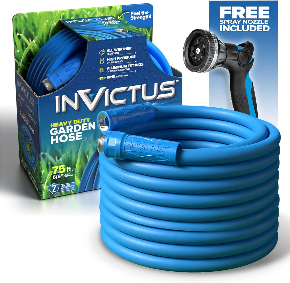 INVICTUS 75 Ft Garden Hose with Sprayer Nozzle, 2-Layer Heavy Duty Drinking RV Water Hose 75Ft X 5/8 In. Flexible, Lightweight, NON Expandable, Kink Resistant, Easy Connect Fittings, 400 PSI