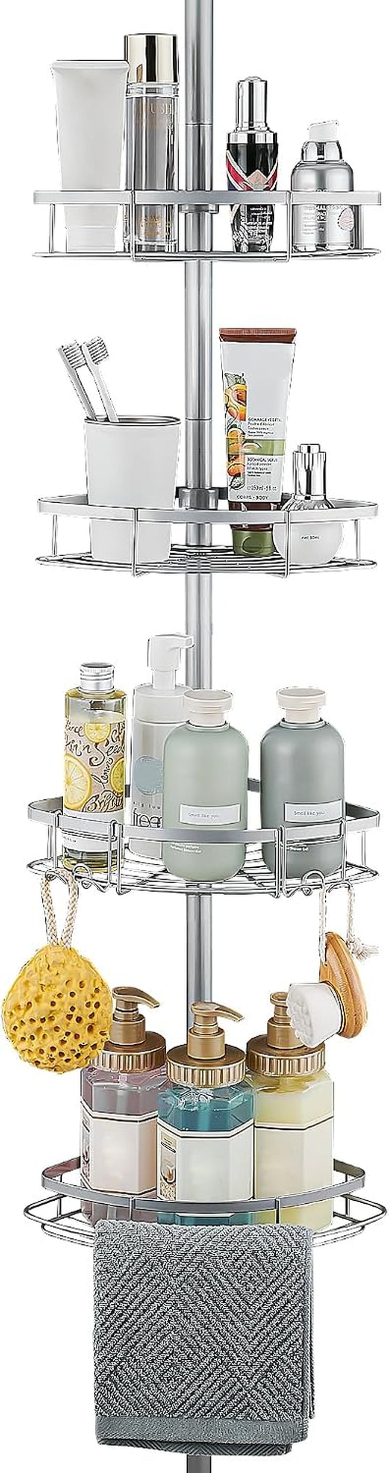 WPT Grey Shower Caddy Corner Organizer for Bathroom, Stainless Steel Tension Pole Corner Shelf Shower Caddy Stand for Bathtub Shampoo Storage, 4 Tier Adjustable Shelves, 28.7 to 104.7 Inches