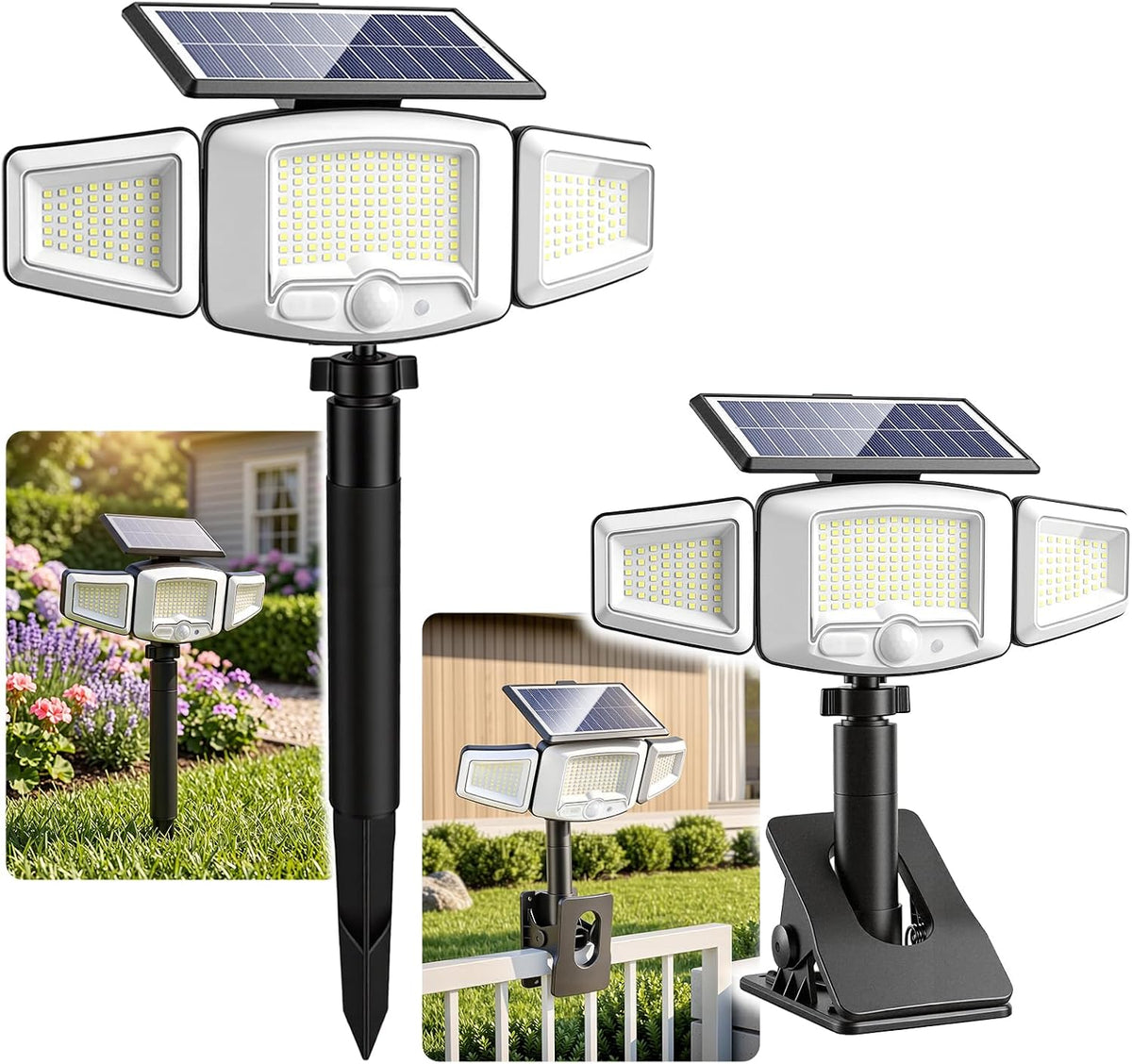 Clip-On Solar Motion Sensor Outdoor Lights with Stakes, 2 Pack
