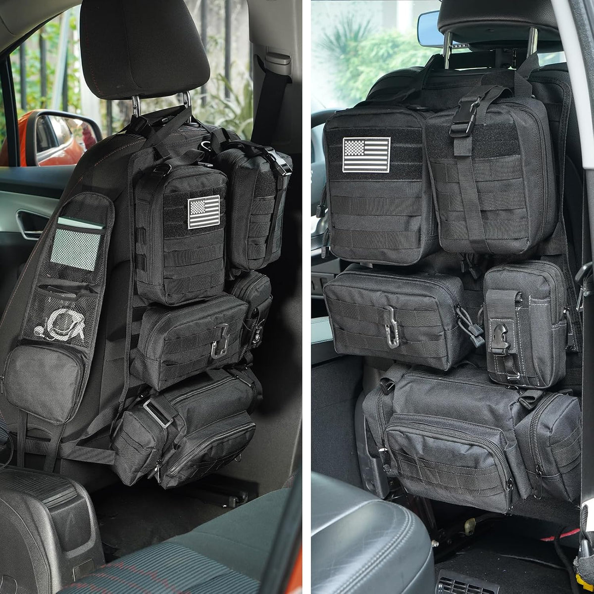 Tactical Car Seat Back Organizer,Tactical Molle Seat Back Organizer with 6 Detachable Molle Pouch,Universal Fits for Car Truck Jeep Vehicle Black