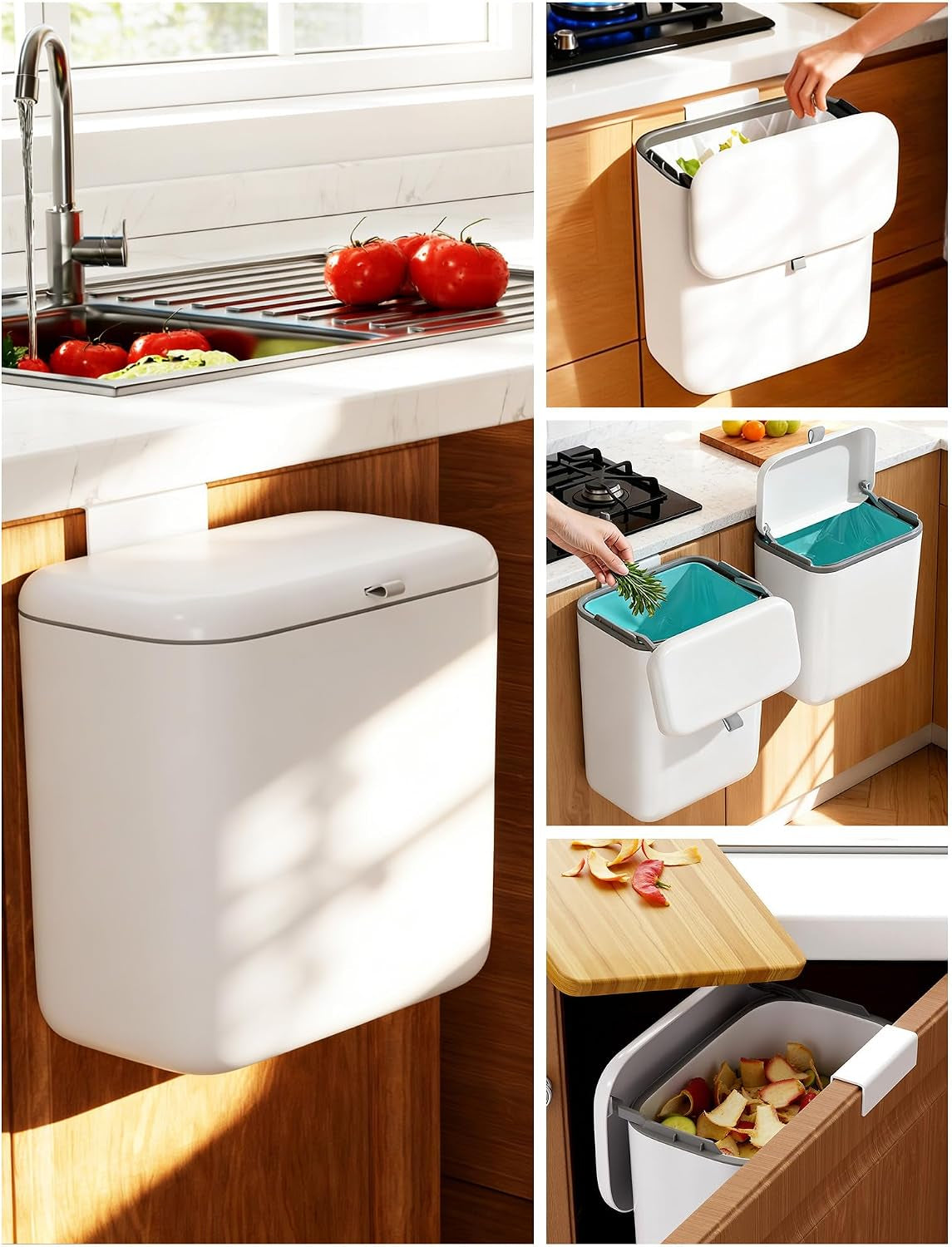 Wall Mounted Kitchen Compost Bin with Lid, Hanging Trash Can for Cabinet Door, White Plastic Food Scrap Bin for Kitchen Counter and under Sink, 2.6 Gal