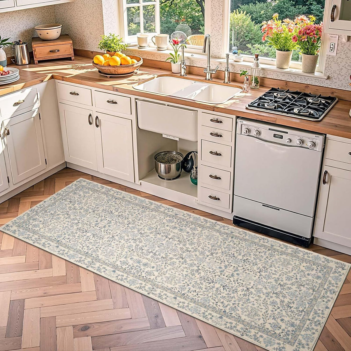 Jinchan 2X5 Washable Hallway Runner Rug, Floral Non-Slip, Blue/Cream
