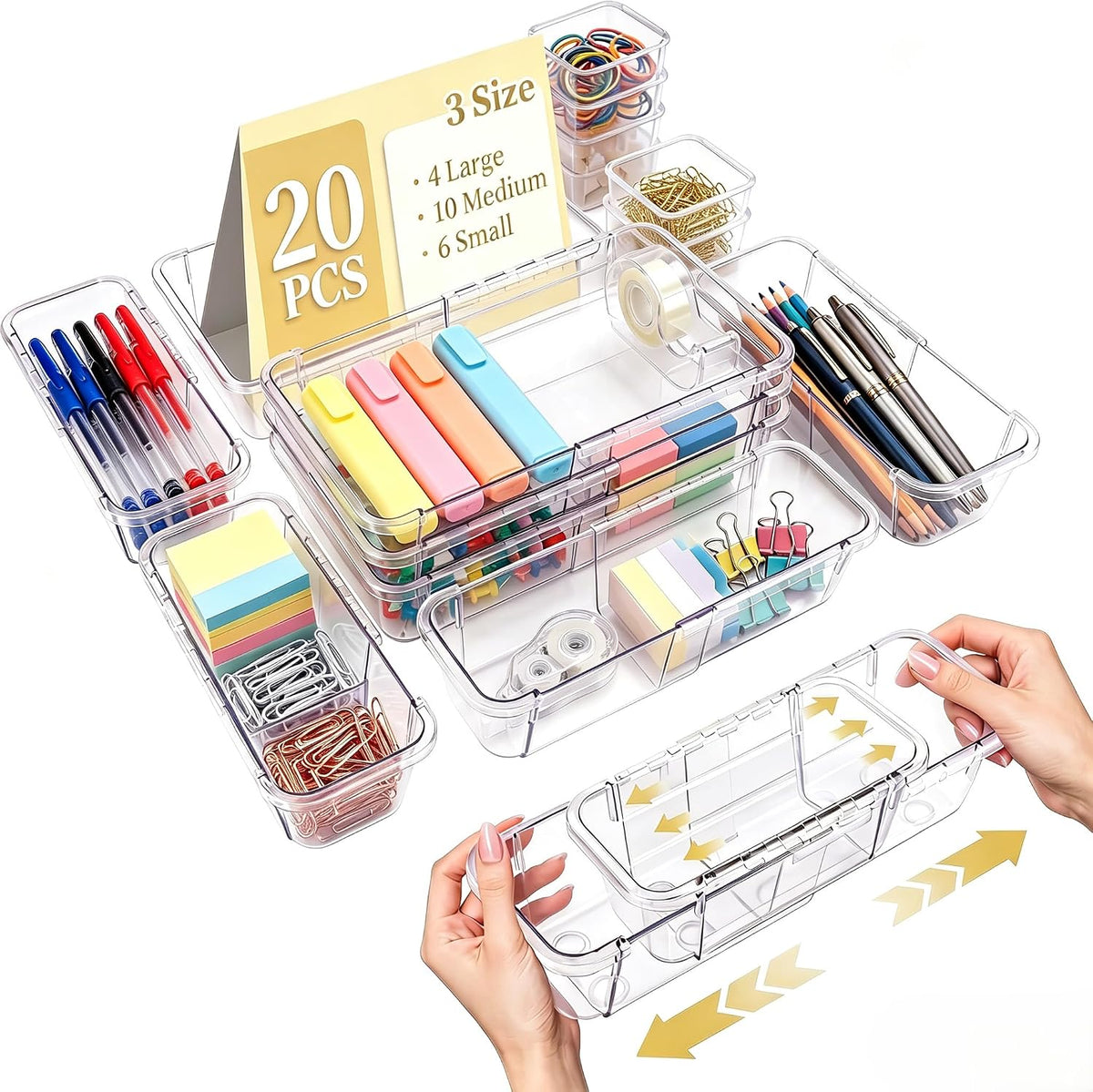 20 PCS Expandable Clear Drawer Organizers, 3-Size Extendable Drawer Dividers, Expanding Plastic Storage Box Arcrylic Storage Bins for Makeup Vanity Drawer Dresser Kitchen Utensils DIY Office Desk