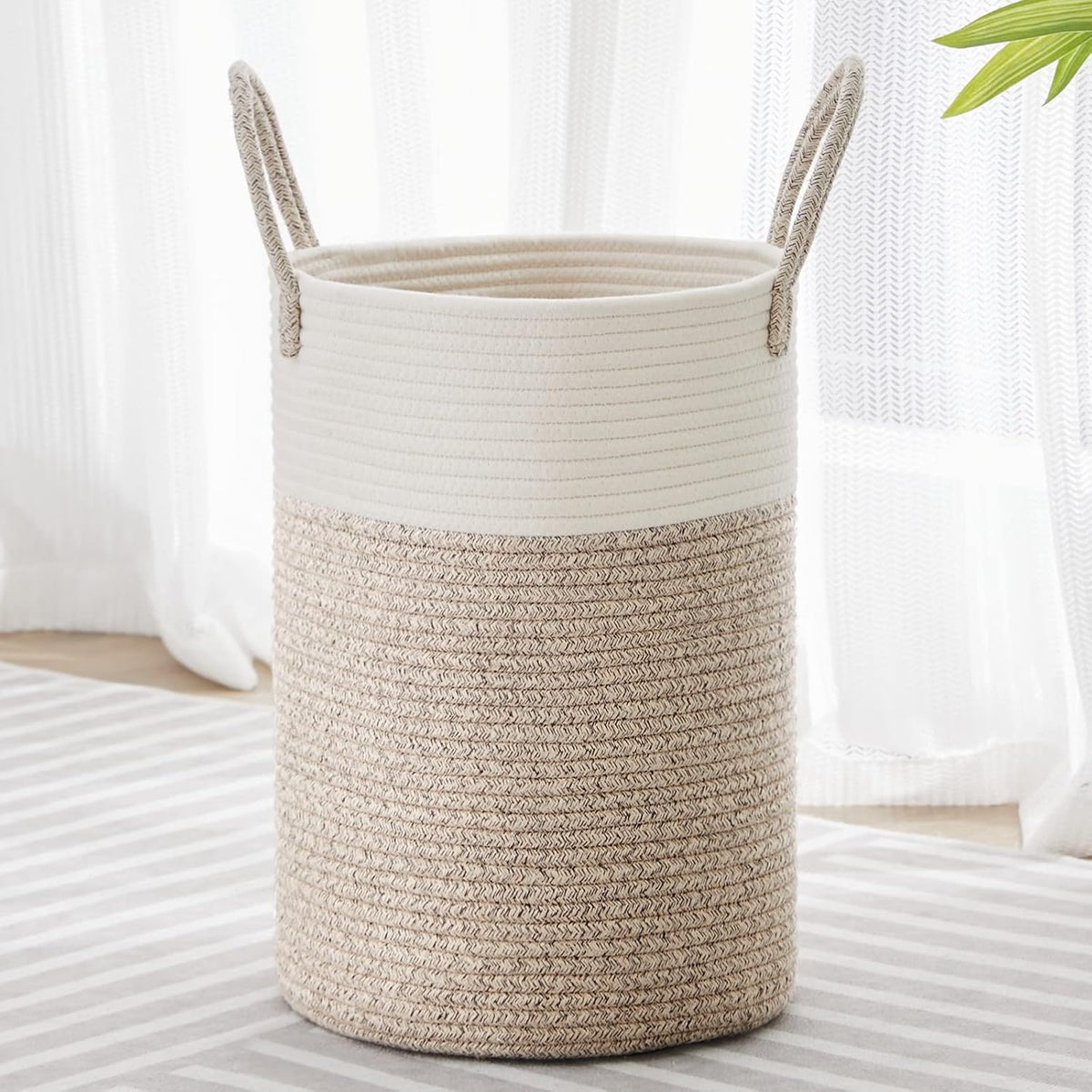 VIPOSCO 30L Small Woven Laundry Basket Hamper, White Brown