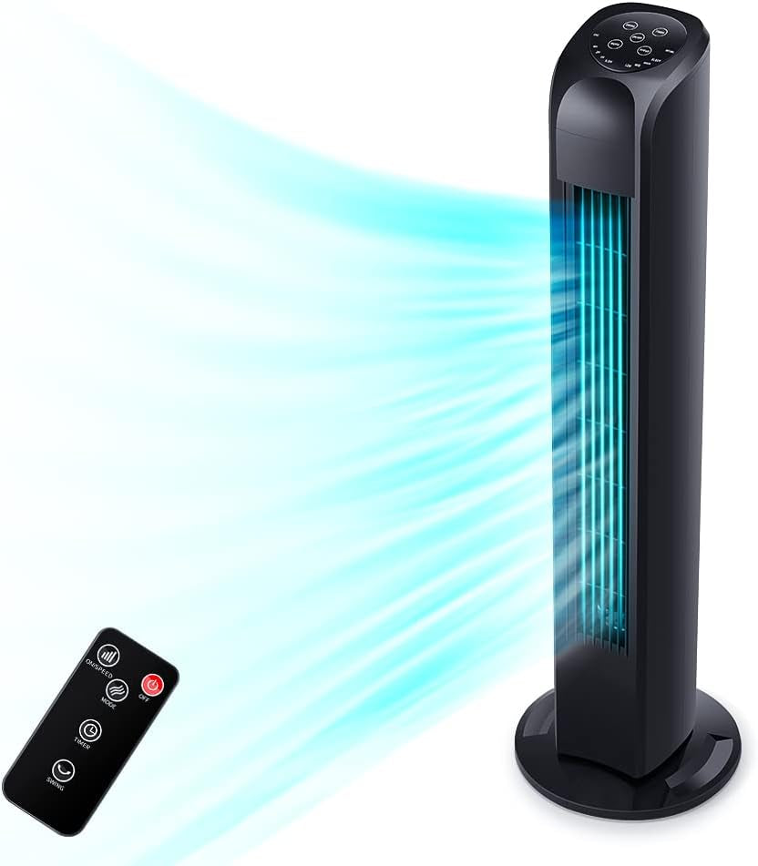 Uthfy Tower Fan, 120° Oscillating Standing Floor Bladeless Fans That Blow Cold Air with Remote, 3 Modes 3 Speeds, 7.5H Timer, for Indoor Living Room Office, 30 Inch,Black