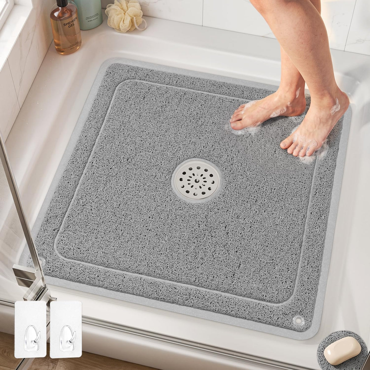 HITSLAM 24X24 Loofah Shower Mat Non Slip with Drain Hole & 2 Hooks, Grey