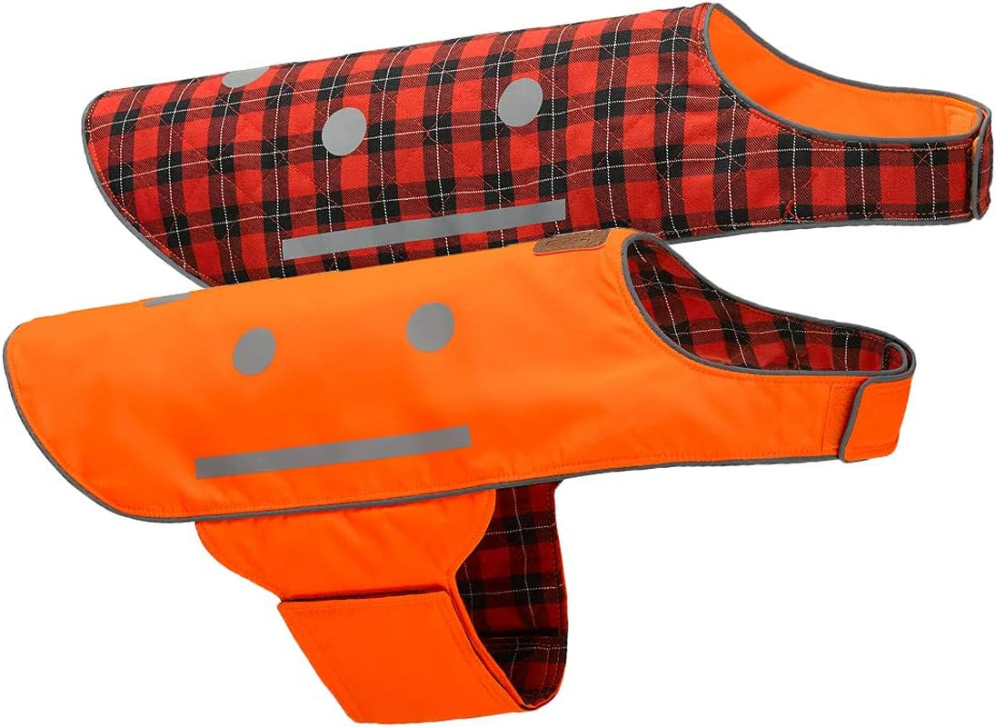 Reflective Dog Vest - Reversible High Visibility Safety Dog Accessories, Fluorescent Dog Apparel for Walking, Hiking & Camping, Hunting (Blaze Orange, Red Plaid, Large)