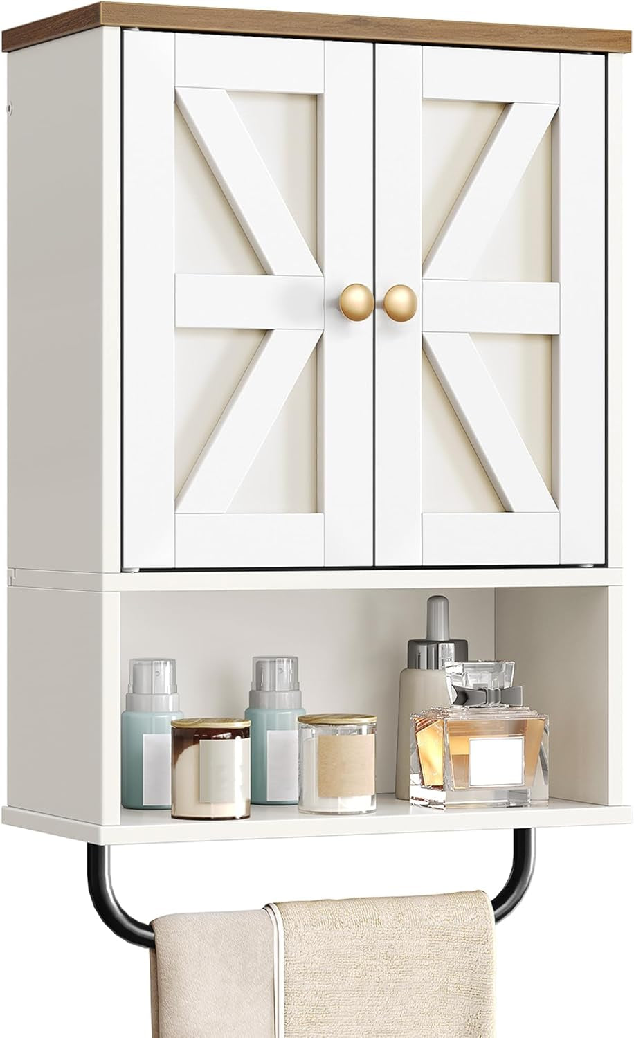 CHOEZON Bathroom Wall Cabinet, Medicine Cabinet with Open Partition and Towel Bar, Rustic Storage Cabinet with Open and Hidden Storage Space, for Bathroom, Living Room, Kitchen, White and Walnut