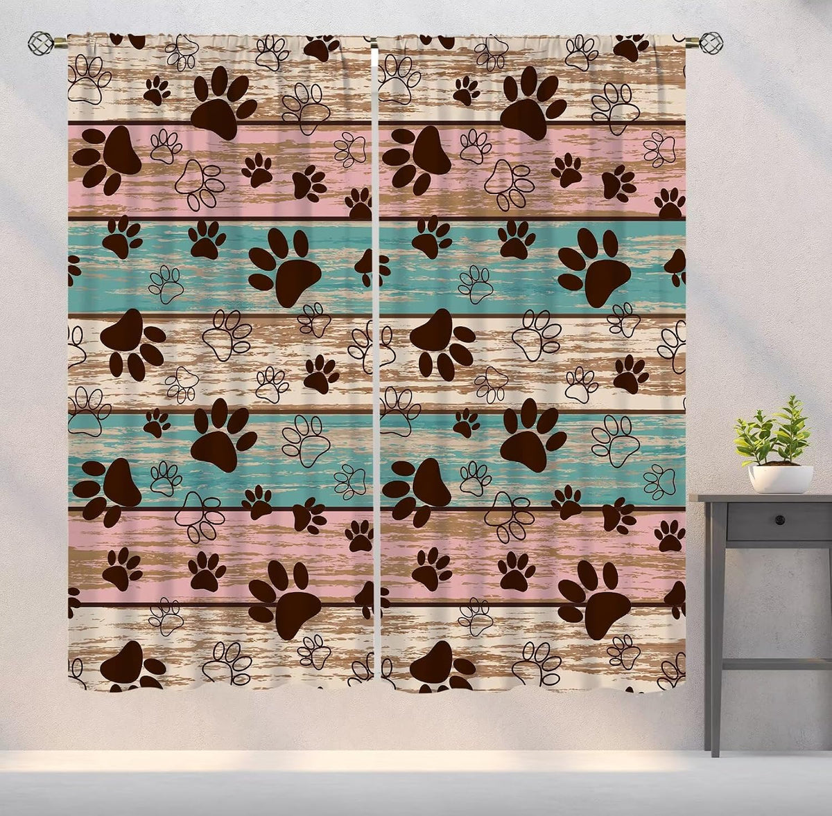 Dog Paw Print Curtains Rustic Wood Board Puppy Paws Art Printed Blackout Window Drapes for Living Room Kitchen Decor Fabric Set 2 Panel 42X45 Inch 20% Shading Rate