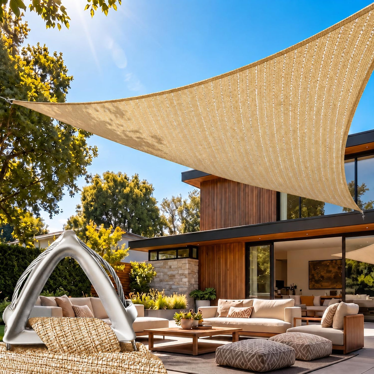 Amgo Heavy Duty 12' X 12' X 12' Beige Sun Shade Triangle Pro Ring Shade Sail, 260 GSM Commercial Grade UPF50 Sunshade, Reinforced Corners & Edges - 5 Years Warranty (We Make Custom Size)