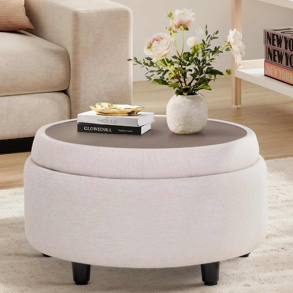COLAMY Fabric round Storage Ottoman with Reversible Tray Lid – Multi-Functional Footrest, Hidden Storage, Sturdy & Stylish Small Coffee Table for Living Room, Bedroom, or Entryway(Beige)