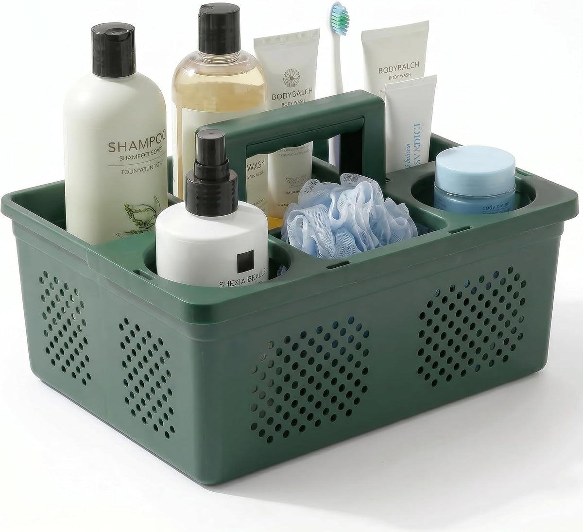 KMV Portable Shower Caddy Dorm: Features Handles and Adjustable Compartments,Ventilation and Drainage Hole Design Cleaning Basket,Ideal for Toiletries, Essential for College Dorms-Green