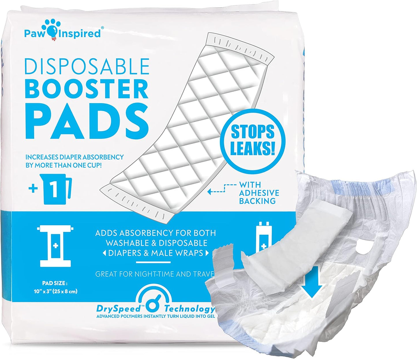 Paw Inspired Disposable Flow-Through Booster Pads for Dog Diapers, 30 Count | Inserts for Male & Female Dog Diapers & Belly Bands, Pass-Through Design, Adds Absorbency to Extend Diaper Use
