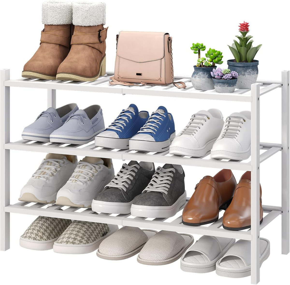 Viewcare White Shoe Rack, 3-Tier Bamboo Wood Shoe Rack for Closet, Entryway & Hallway, and Stackable Shoe Shelf Storage Organizer for Indoor and Outdoor