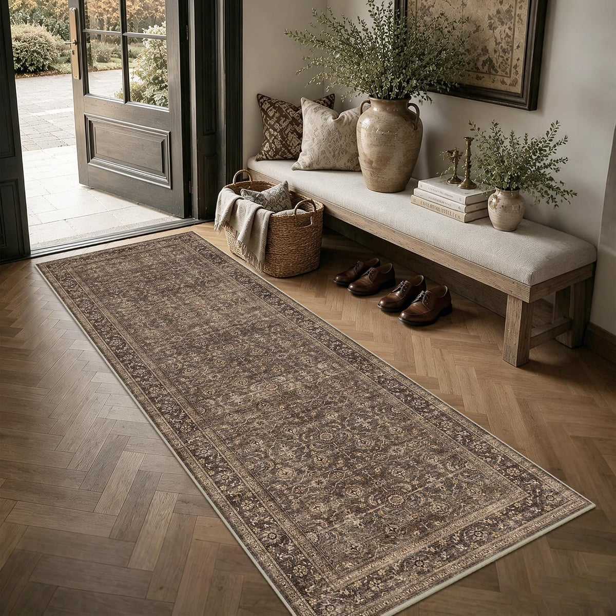 JOOJA 2'6"X8' Brown Vintage Boho Runner Rug Washable Non Slip Hallway Rug