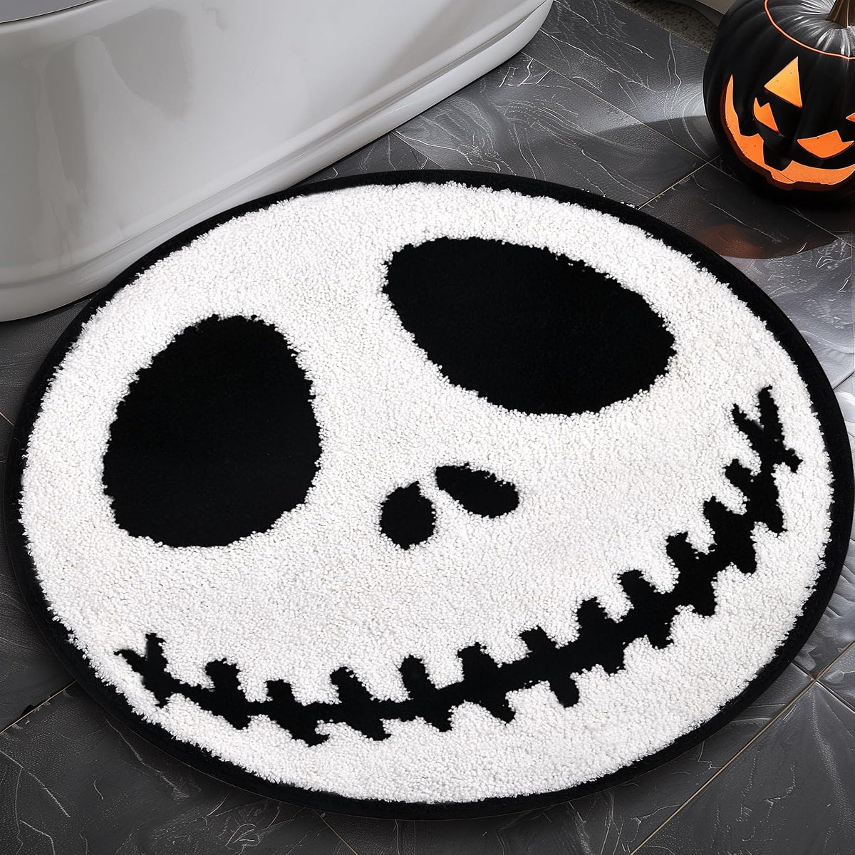 Jack Halloween Rugs Mat 2Ft round Non-Slip Cute Creepy Nightmare Bath Rug Bathroom Shower Floor Mat for Halloween Indoor Decor Nightmare before Holiday Christmas Decorations
