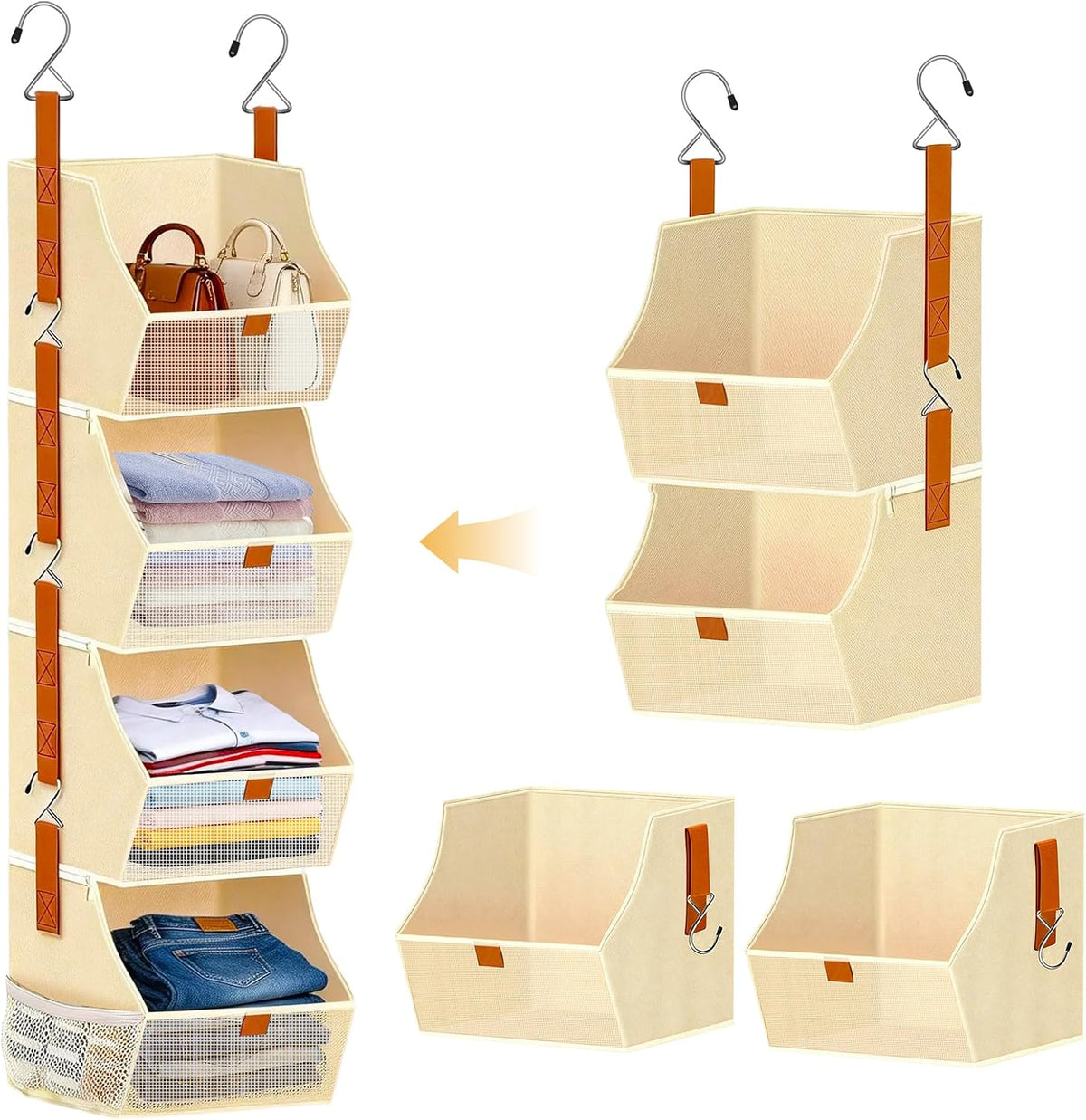 Fabric Hanging Closet Clothes Organizers and Storage Detachable 4 Tier