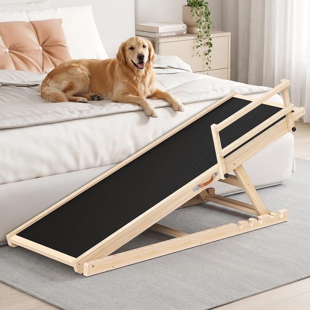 Tresbro Dog Ramp for High Bed, 55.11'' Long 19.3''-27.17'' Adjustable Height Pet Ramp with Anti-Slip Mat & Side Rails, Wooden Portable Ramp for Small to Large Dogs to Get on Bed, Couch, up to 200LBS